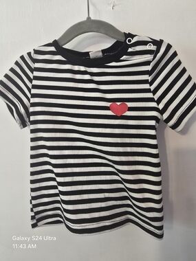 SHEIN Black & White Striped Tee with Red Heart
